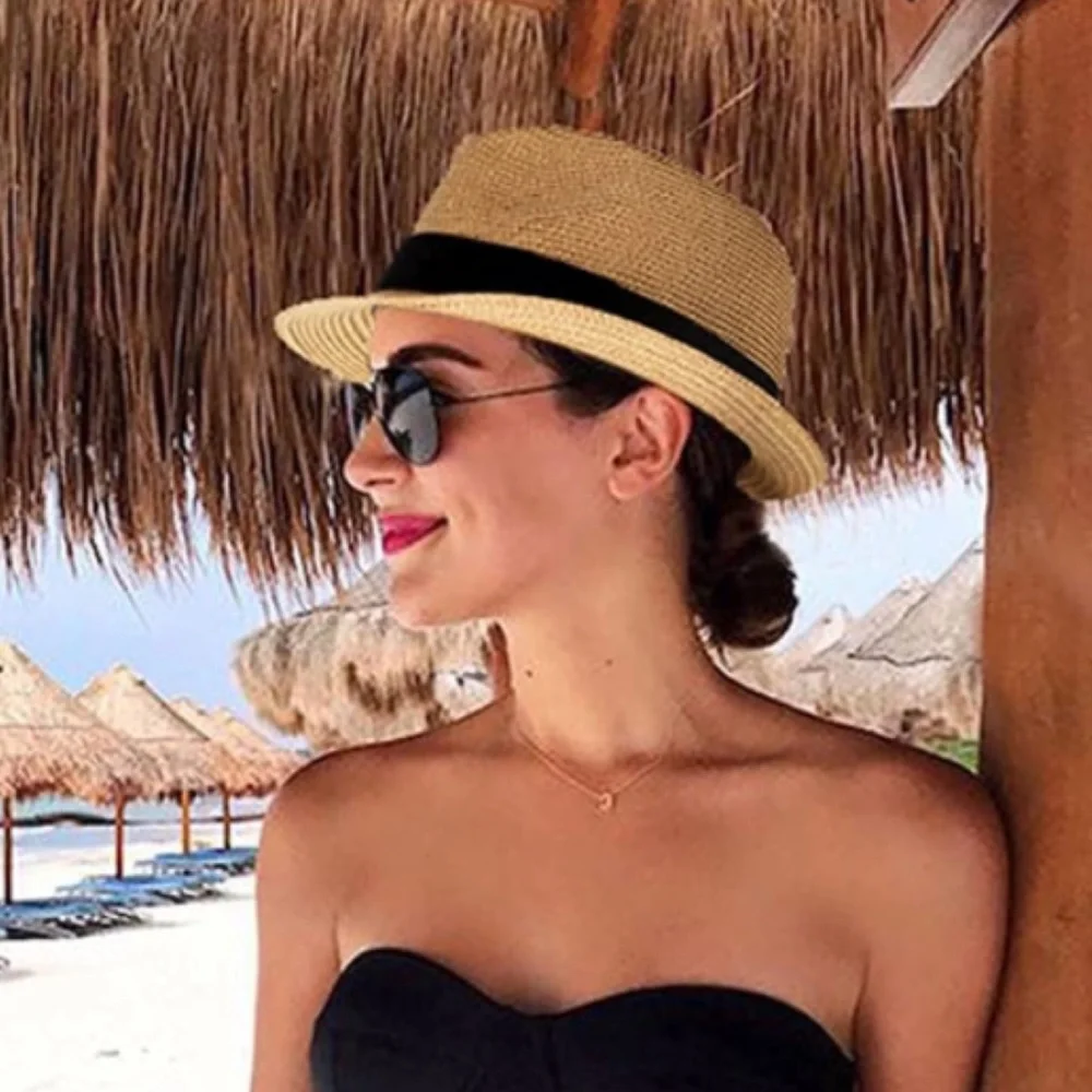 Narrow Brim Natural and Black Straw Fedora Style Hat - Picture 2 of 4